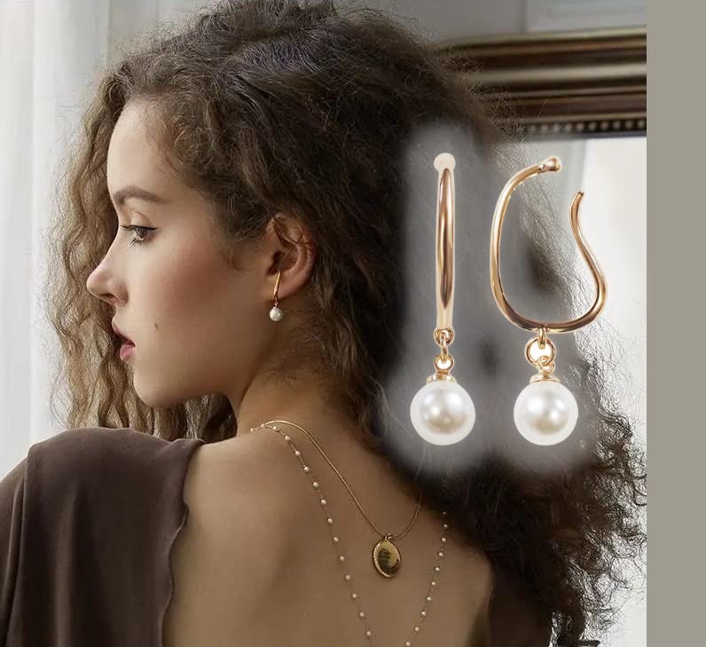 Earrings for gold ear white Miyabi Grace earrings women, cuffs, hoops, popular, painless, non-pierced earrings, swinging, large, pearls, large,