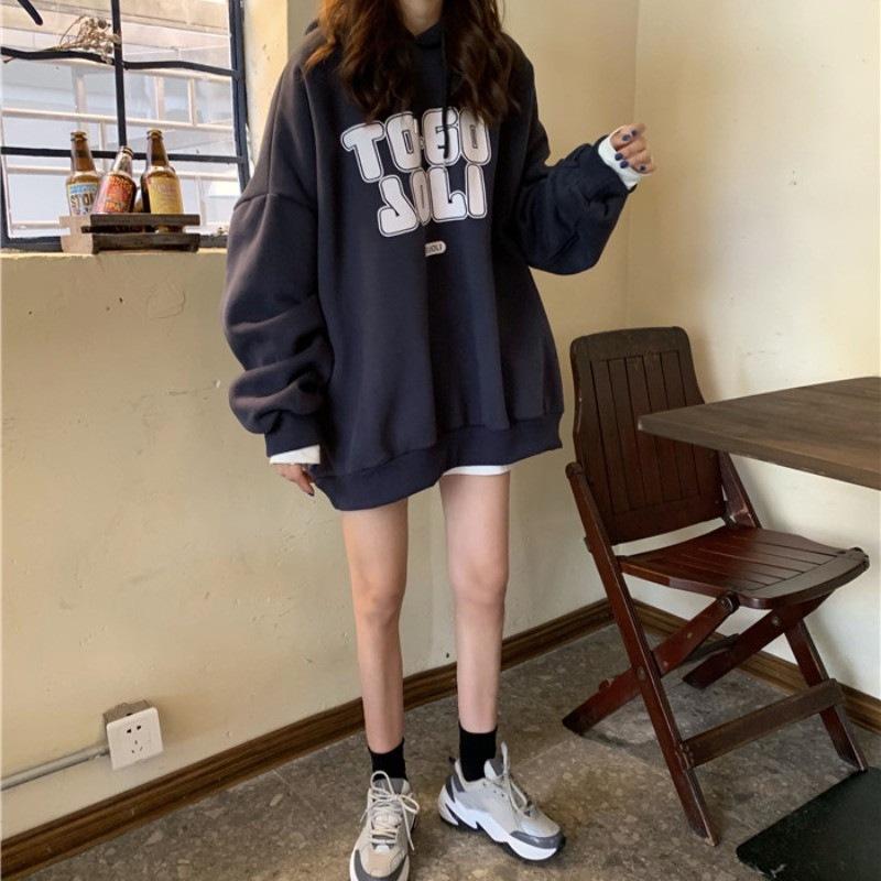 

Женский свитер осень-зима универсальный свободный bf ленивый ветер флис утолщенная толстовка с капюшоном прилив поддержка 2XL темно-синий