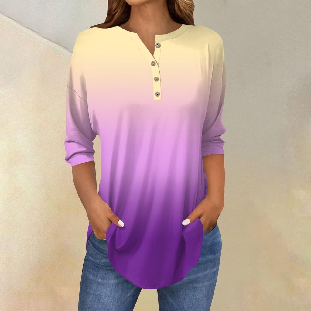 Tee Shirts For Women Fall Casual 3/4 Long Sleeve Button Shirts Sweatshirt Vintage  Top Pullover