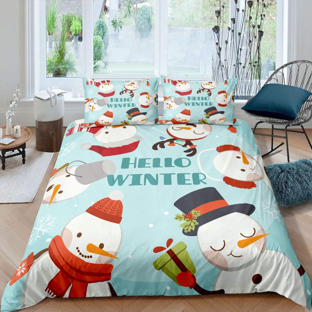 Kids Cartoon Snowman King Queen Duvet Cover Winter Quilt Cover White Snowflake Christmas Bedding Set Polyester Comforter Cover