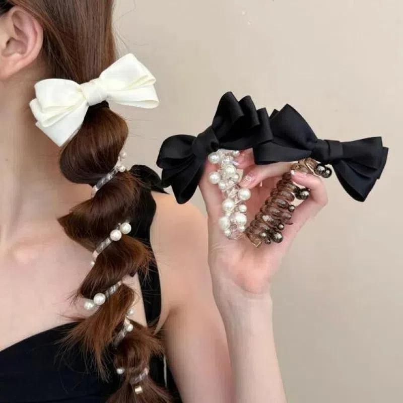 Bowknot Hair Ties Elegant Ponytail Holder Accessories Braided Telephone Wire Hair Ties Pearl Elastic Spiral Hair Bands For Women