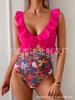 New one-piece swimsuit women's belly V-neck pleated swimsuit, thin hollow flying edge swimsuit