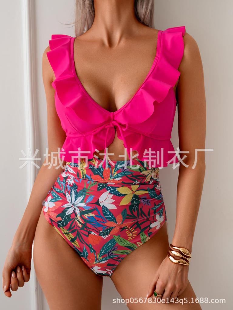 New one-piece swimsuit women's belly V-neck pleated swimsuit, thin hollow flying edge swimsuit