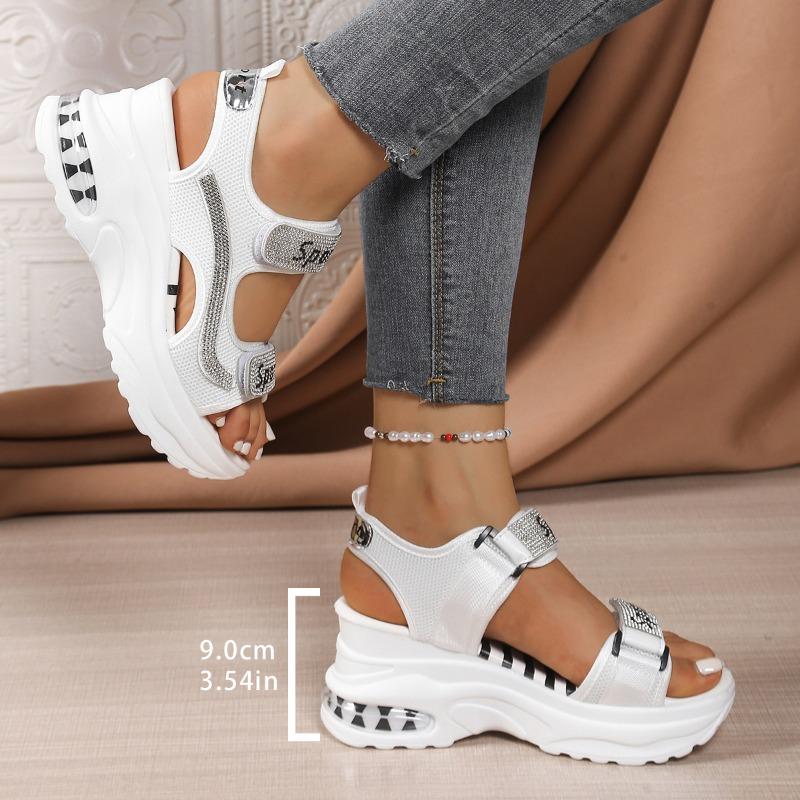 Cross-border Large Size Platform Sports Sandals Women's Summer New Velcro Rhinestone Beach Casual Wedge Sandals