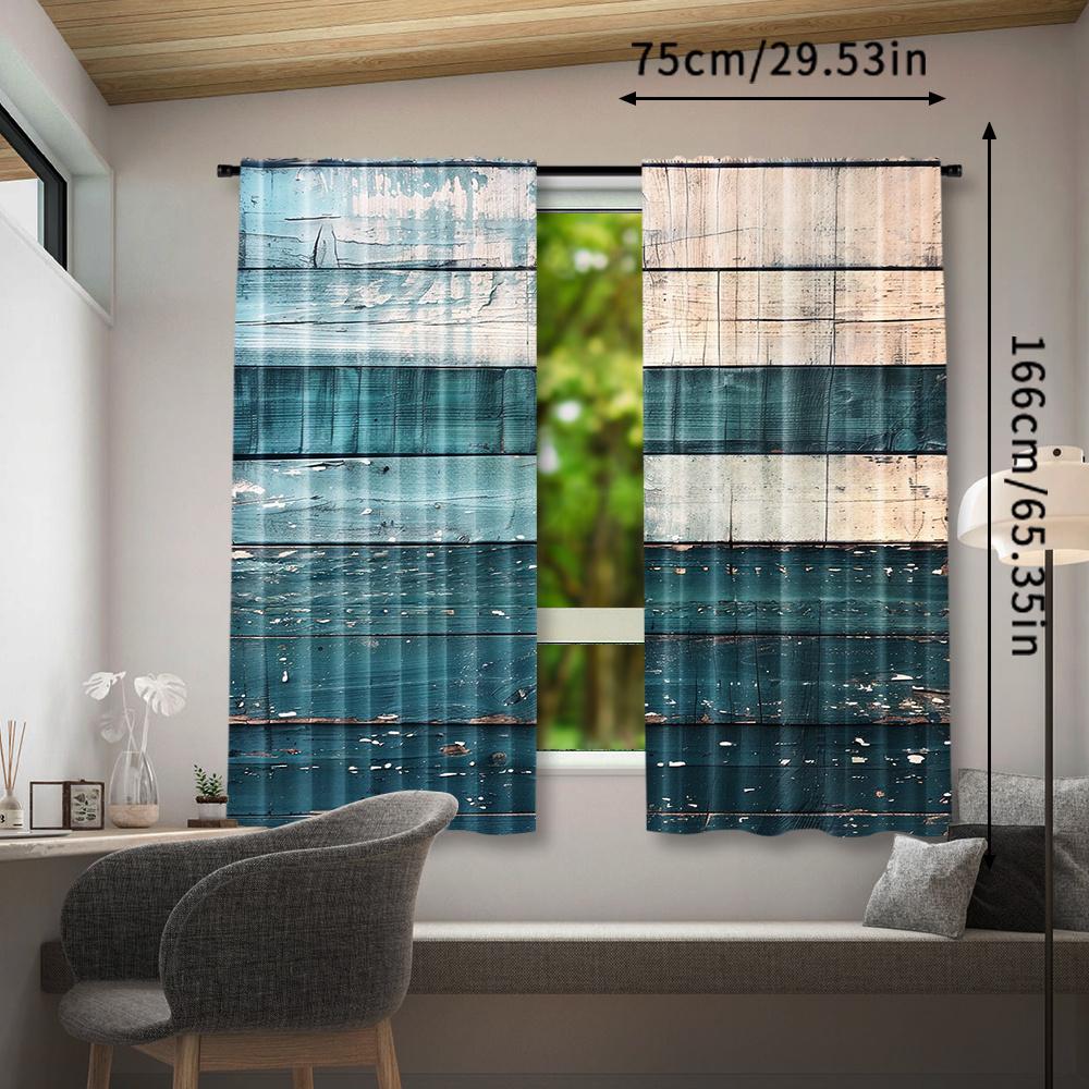 2pcs Vintage Gray & Blue Wooden Door Print Curtains - Rod Pocket Window Treatment for Bedroom   Office   Kitchen   Living Room & St