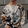 Original Trendy Cartoon Cat Jacquard Knit Sweater For Men Loose Fit Crew Neck