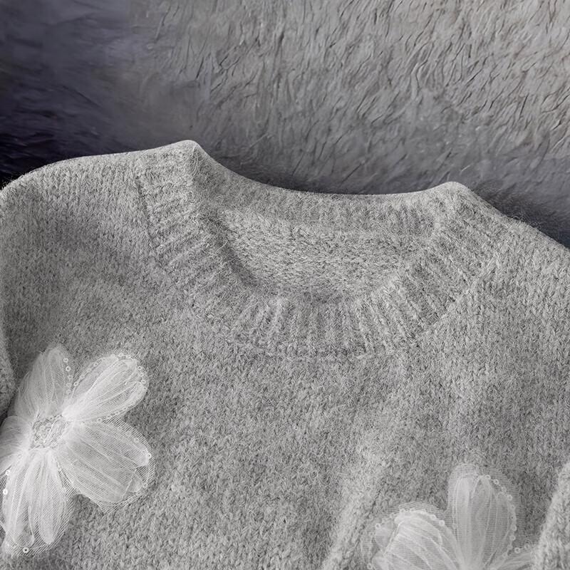 Dámský 3D květinový pletený svetr ze směsi vlny