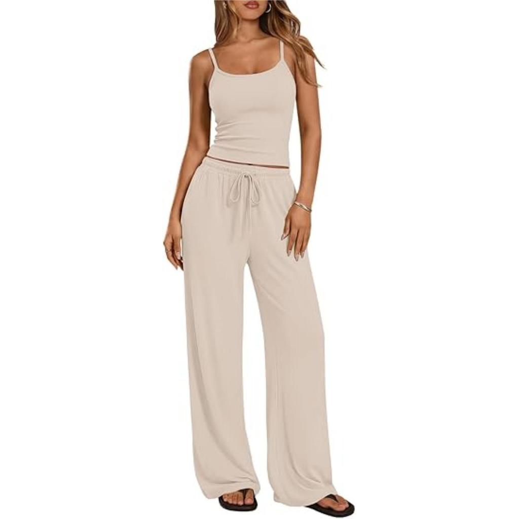 2026 Women's Casual Set: Solid Color Camisole & Wide-Leg Pants 2-Piece Outfit