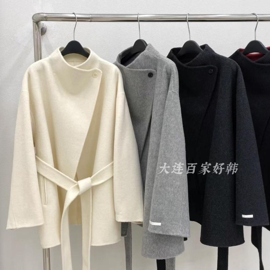 Stand-up collar short double-sided wool coat lapel loose lazy small autumn and winter women's camel white coat