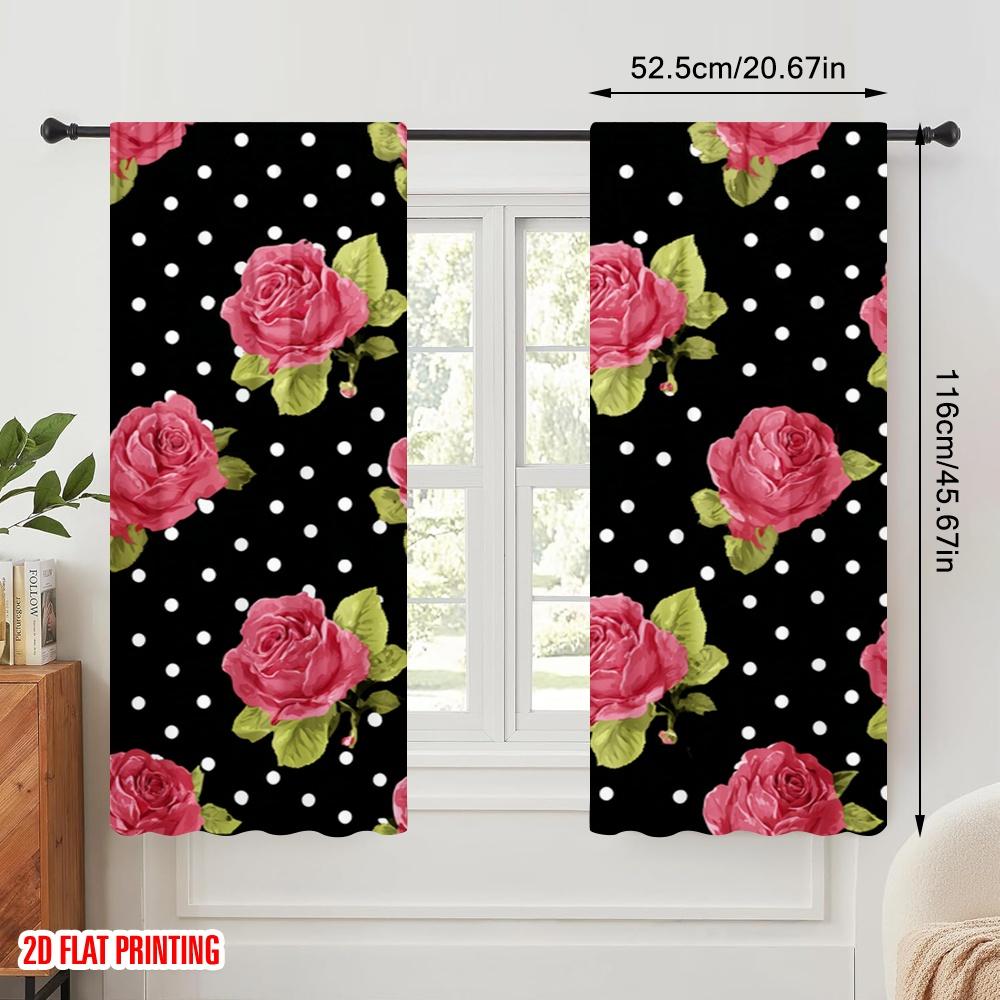 2Pcs,2D Plane Printing Light Filtering Curtains Roses On Polka Dots Versatile Durable Polyester (Without Rod) Holiday Ldeal For