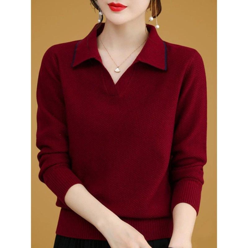 

Женский весенне-осенний новый свитер-пуловер с лацканами, облегающий, универсальный, для молодых мам, женский базовый трикотаж свободного кроя average size красный