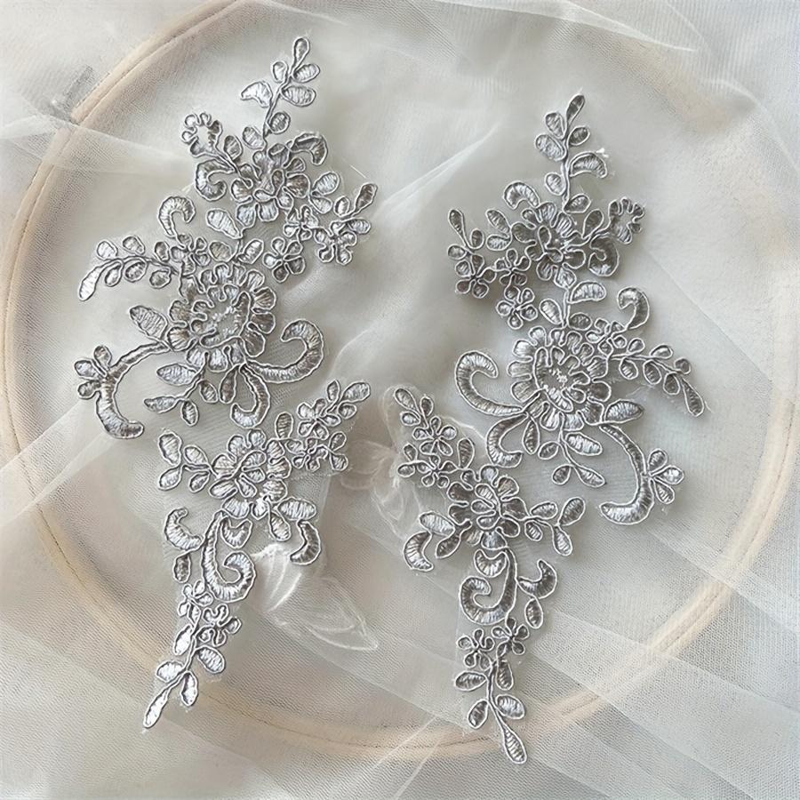Pair of Floral Lace Applique Patches Embroidered Iron-On Decoration for Wedding Dress DIY Crafting - White