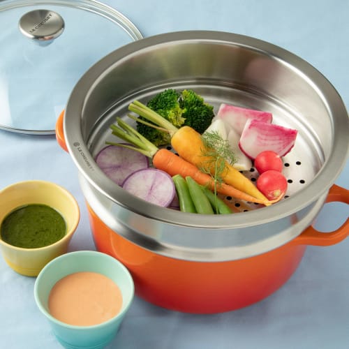 [.co.jp Exclusive] Le Creuset 3-Piece Set: Orange Cocotte Ronde Pot, 22cm, Glass Lid, and Steamer