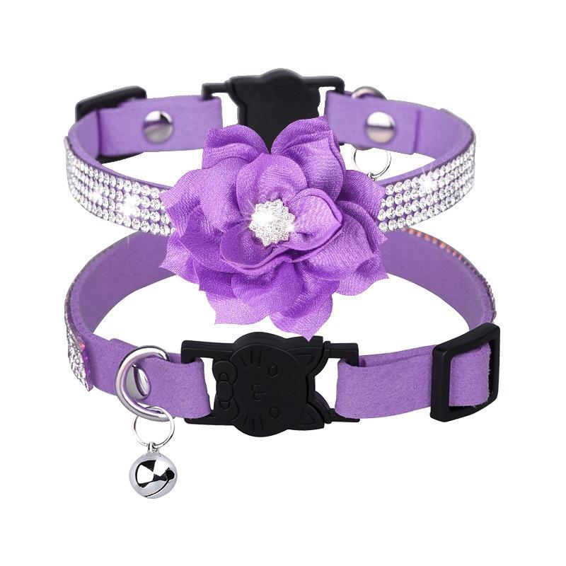Pet Collar Shiny Rhinestone Color Anti-bridle Suede Soft and Comfortable Bell Style Cat Leash Collar