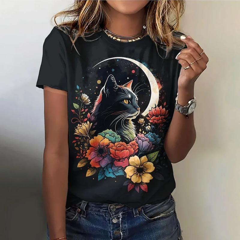 Summer O-Neck Short Sleeve Women's T-Shirt 3d Printed Black Cat Pattern T-Shirt Pullover Top Fashion Street Female Clothing 2024