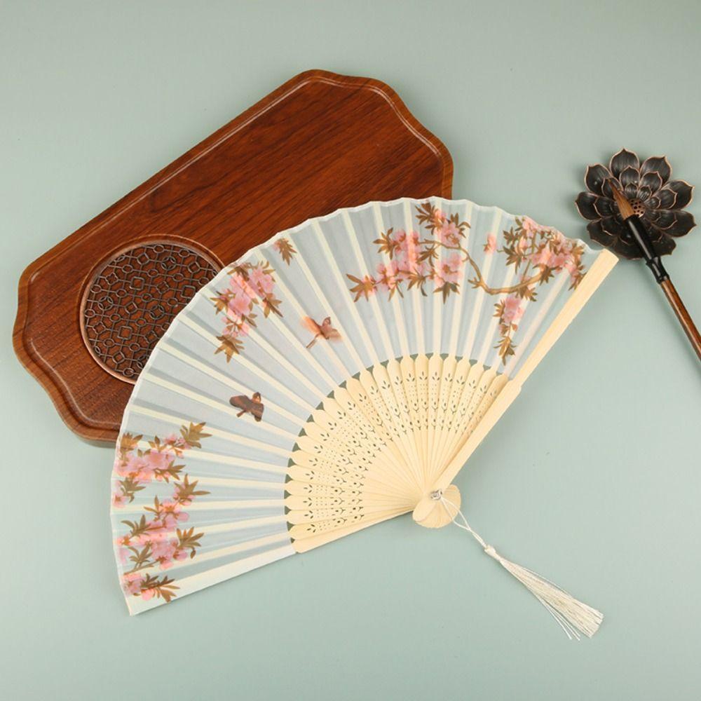 Silk Material Vintage Silk Folding Fan Bamboo Frame Dance Fan Elegant Hand Fan Dance Performance