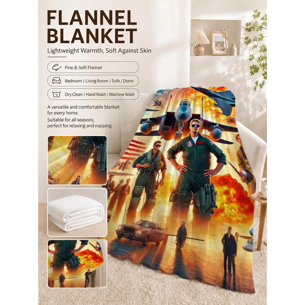 Top Gun Style Fighter Jet Pilot Poster Pattern Theme Flannel Blanket Skinfriendly Warm Throw Blanket For Living Room Office Nap Home Party Decor