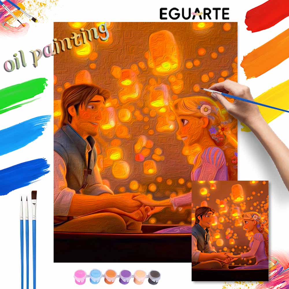 Disney digital oil painting Rapunzel Flynn lantern art handmade diy gift home decoration