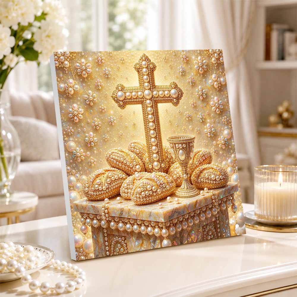 Pearl Painting 5D DIY Decorative Painting. Golden Cross and Chalice Religious Art. Cute Birthday Gift. Handmade Craft Painting
