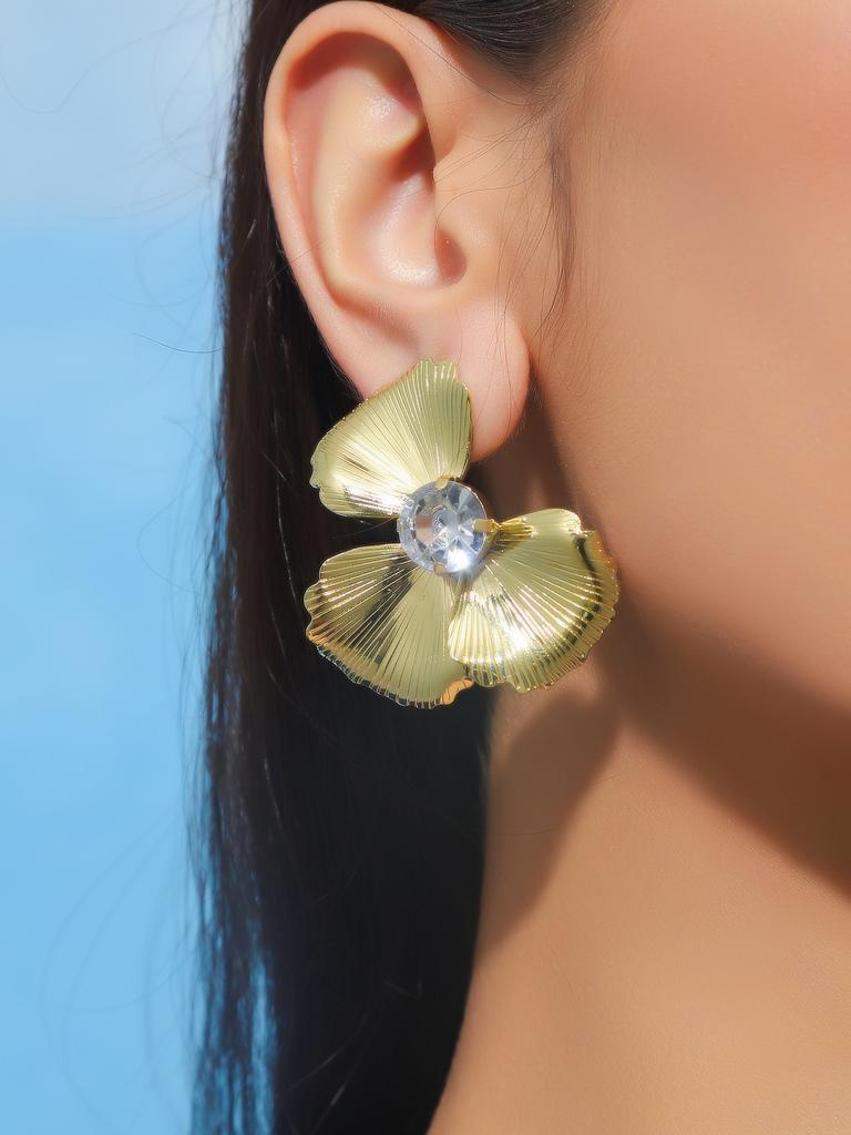 New Summer Alloy Rhinestone Flower Earrings, European and American Exaggerated Trend Metal Flower Earrings