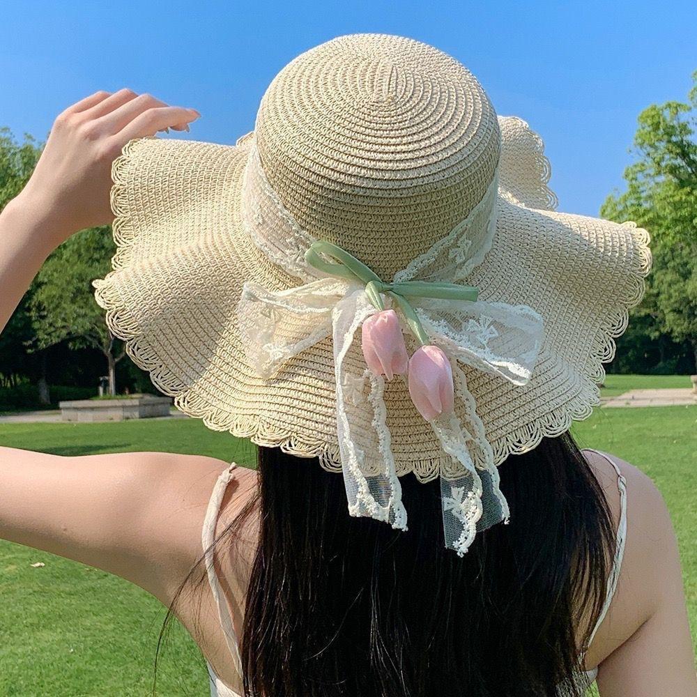 Lace straw hat women's summer bow large brim sunshade sun hat seaside vacation beach sun hat