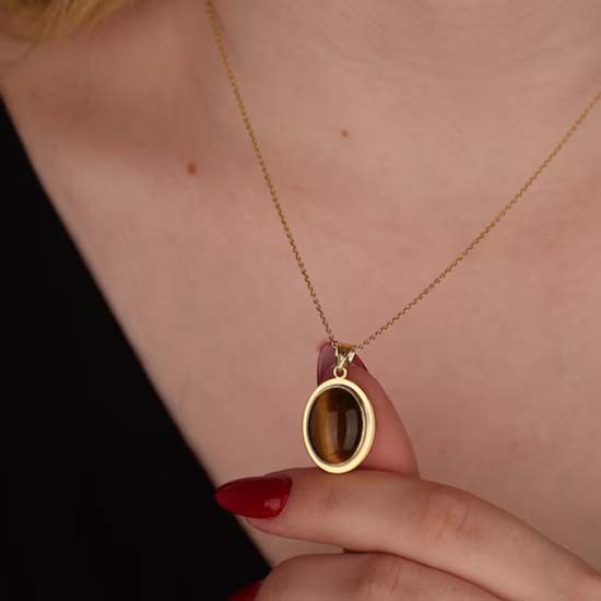 Tiger Eye Oval Gemstone Necklace, Statement Jewelry, Designer Necklace, Yellow Gold Jewelry, Gift For Her, Boho Jewelry, 925 Sterling Silver