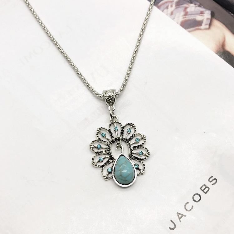 Vintage Necklace Earrings Set Bohemian Ancient Silver Turquoise Sweater Collarbone Chain Versatile Earrings