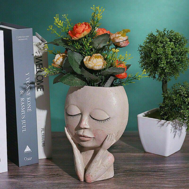 Vaso Per Piante Grasso A Forma Di Volto Femminile In Resina - Decorazione Originale Per Casa E Scrivania - 11x11x7 Cm