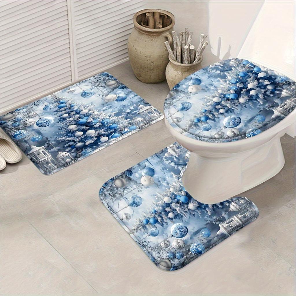 4Pcs Bathroom Shower Curtain Set Christmas Tree Snowflake Print Bathroom Curtain With 12 Hooks Non Slip Rugs Toilet Cover Mat Bathroom Partition