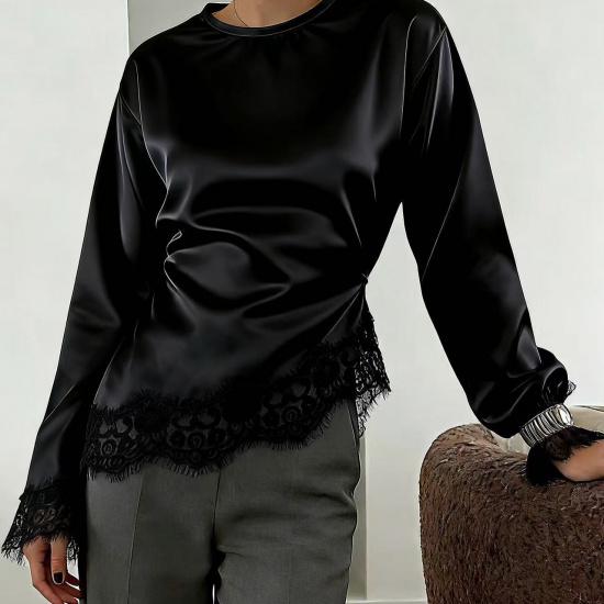 Women Round Neck Satin Blouse Long Sleeve Lace Trim Cuffs & Hem Side Twist Waist Elegant Commuter Office Dressy Top
