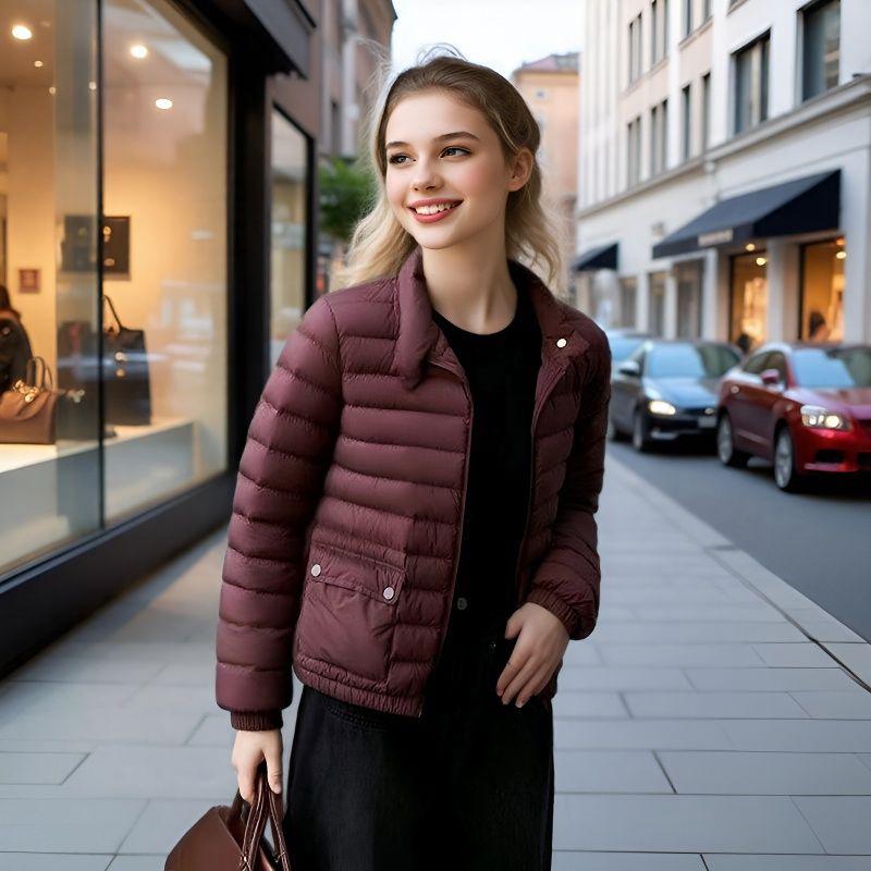 Women's Lightweight Slimming Down Jacket, Stand Collar, Long Sleeve, Short Coat, Versatile for Autumn/Winter, Casual Commute Style.
