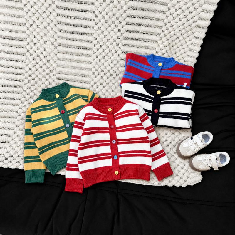 Children'S Spring And Autumn Striped Knitted Cardigan Boys And Girls Colored Button Sweater Jacket Children'S Top