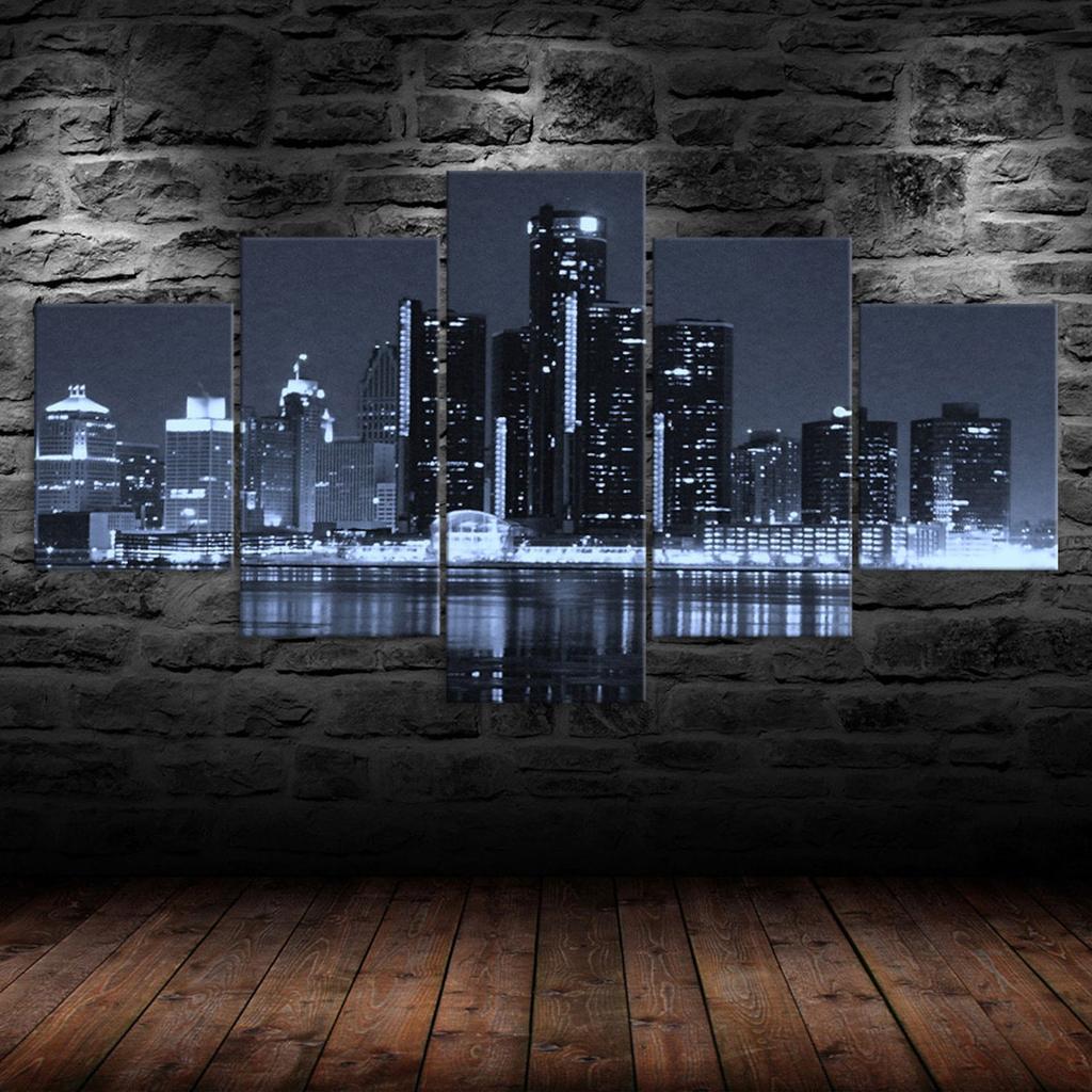Detroit Michigan Cityscape Skyline Dark Night 5 Piece Five Panel Wall Canvas Print Modern Art Poster Picture Home Decor Gift For Him Her