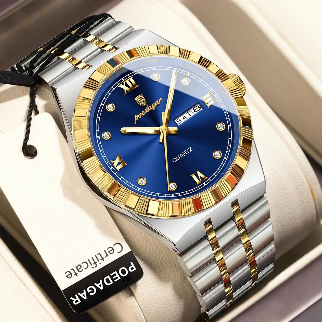 POEDAGAR Luxury Business Male Watch Waterproof Luminous Week Date Wristwatch Stainless Steel Trendy Quartz Watches for Men