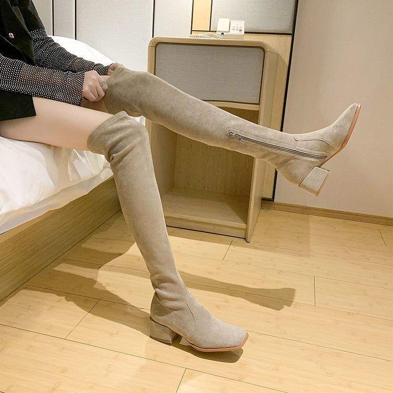 

Boots women over the knee 2025 autumn and winter new women s boots square head small elastic long tube thin winter boots velvet 40 бежевый
