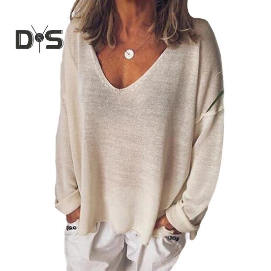 

Женская футболка с V-образным вырезом и длинным рукавом, свободная футболка, однотонная, дышащая, повседневная, пуловер, топы, повседневная одежда S хаки