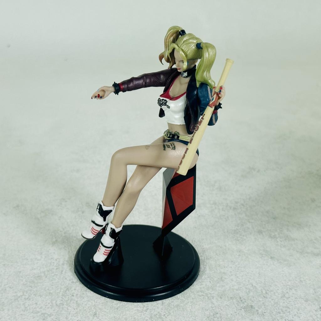 Harley Quinn Figure Birds of Prey Sitting Pose With Baseball Bat Anime Figurine Collectible Decor Leather Jacket Diamond Base
