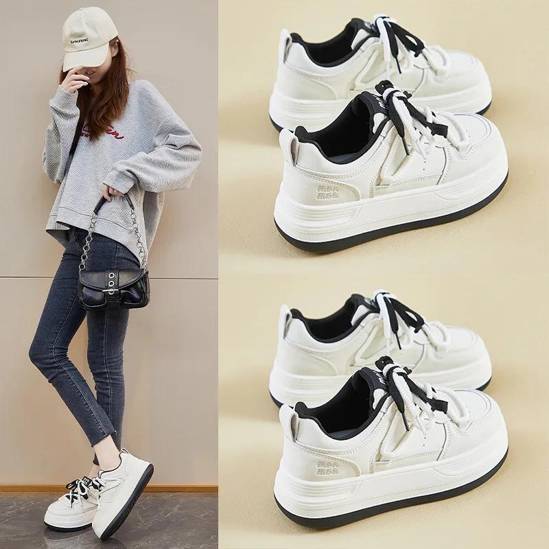 Women's Shoes Spring New Platform Sneakers Female Students Breathable Casual Board Shoes Fashion Two Tone Lace Up Sports Shoes