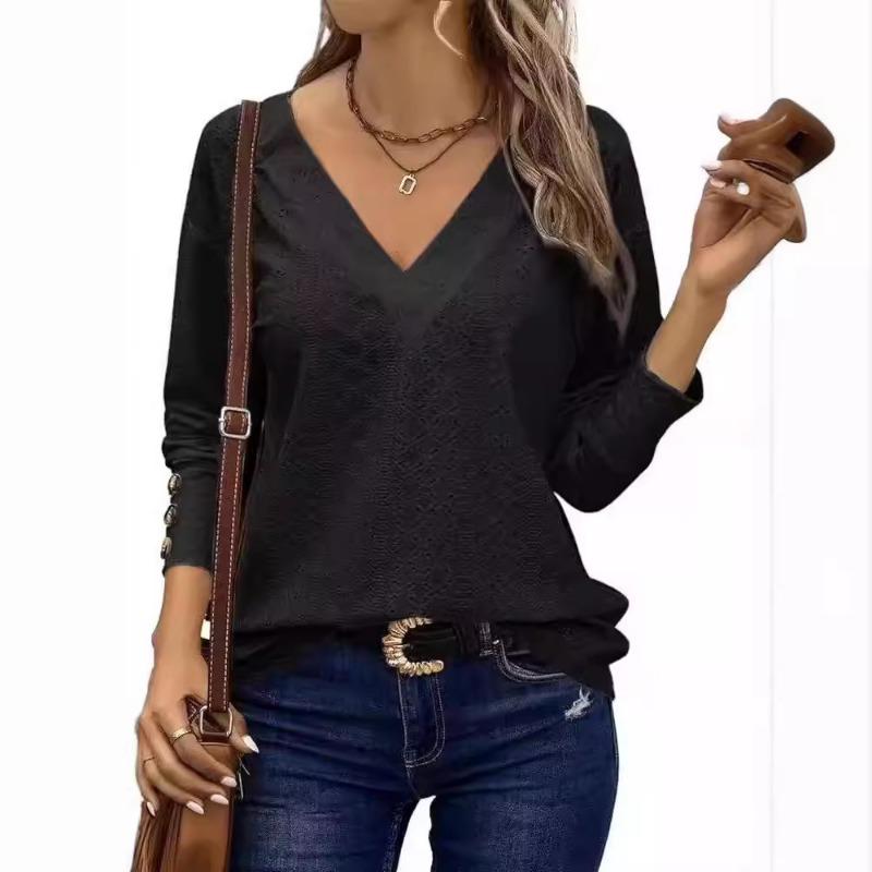 Women's Hollowed Out V-neck Off Shoulder Long Sleeved Button T-shirt