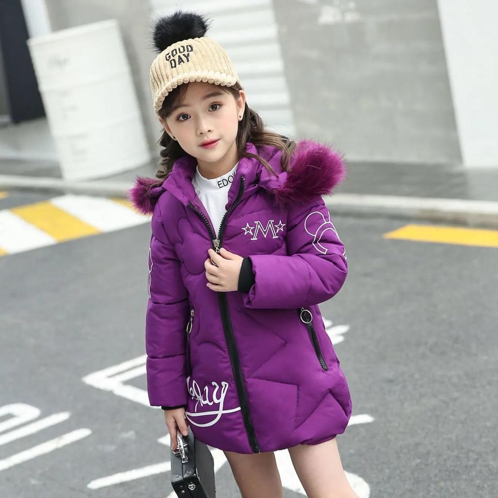 Girls' Winter Mid-Length Thickened Warm Tops Hooded Slim-Fit Letter Print Jacket