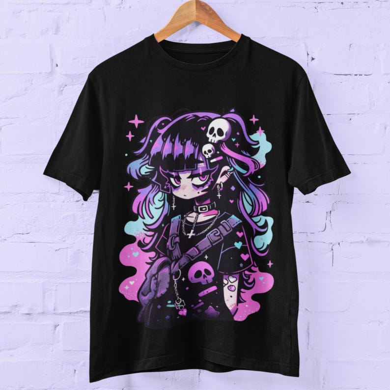 Summer Street Fashion Y2k Anime Dark Skeleton Girl Print Cyber Punk Style Personalized Versatile Cotton Short Sleeve