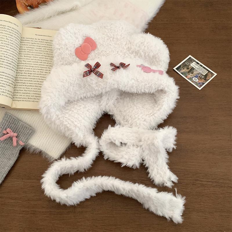 Cute bow bear cat plush hat female autumn and winter show small face warm ear protection big head circumference hat