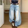 Womens Distressed Light Wash Denim Pants Vintage Low-Rise Wide Leg Straight Cut Casual Jeans