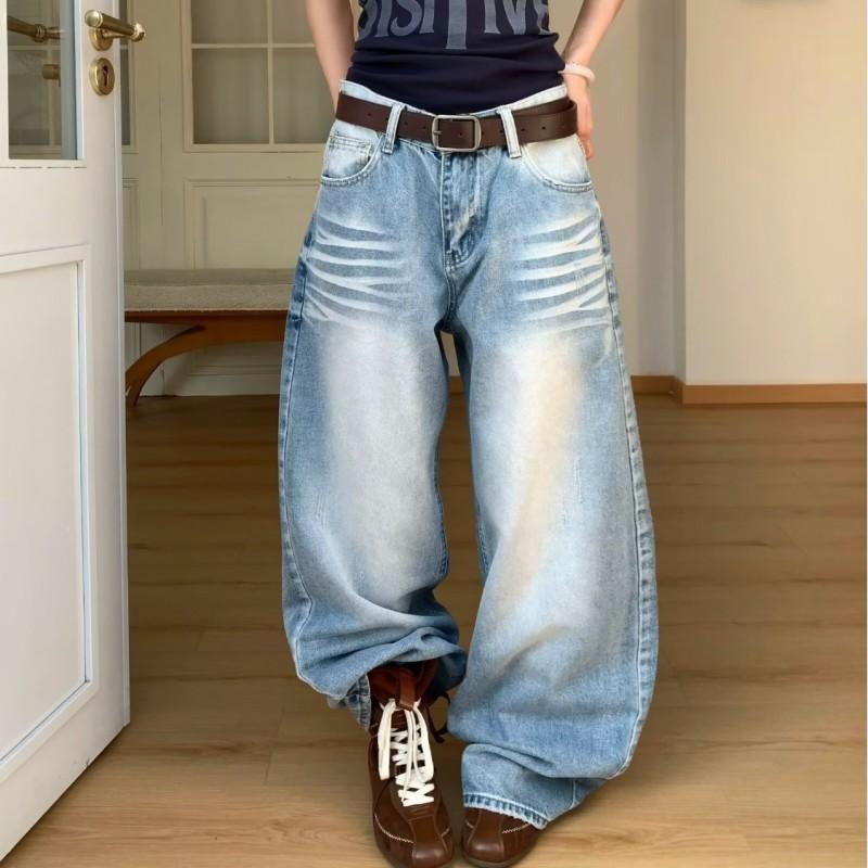 Womens Distressed Light Wash Denim Pants Vintage Low-Rise Wide Leg Straight Cut Casual Jeans
