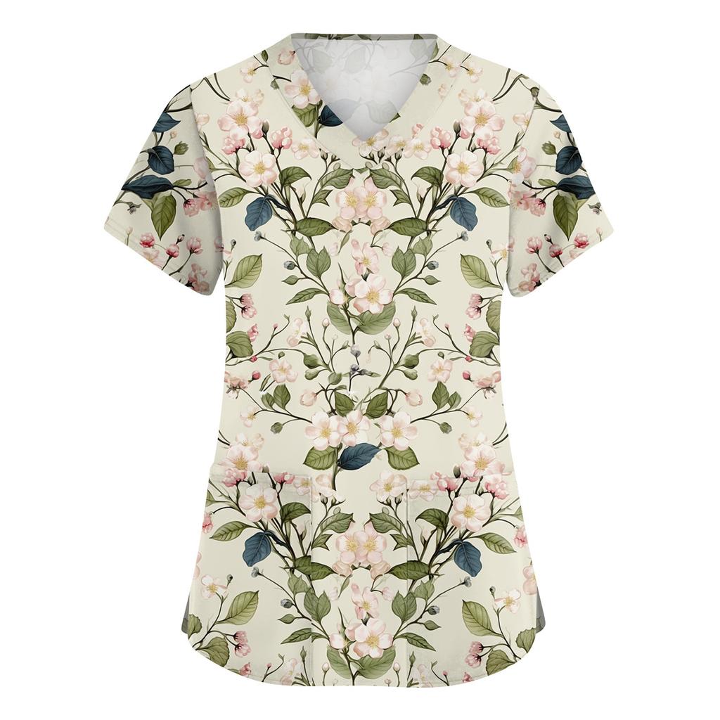 Women's Fashionable V-neck Workwear Printed Short Sleeved Pocket Side Slit Workwear Basic Pullover Top