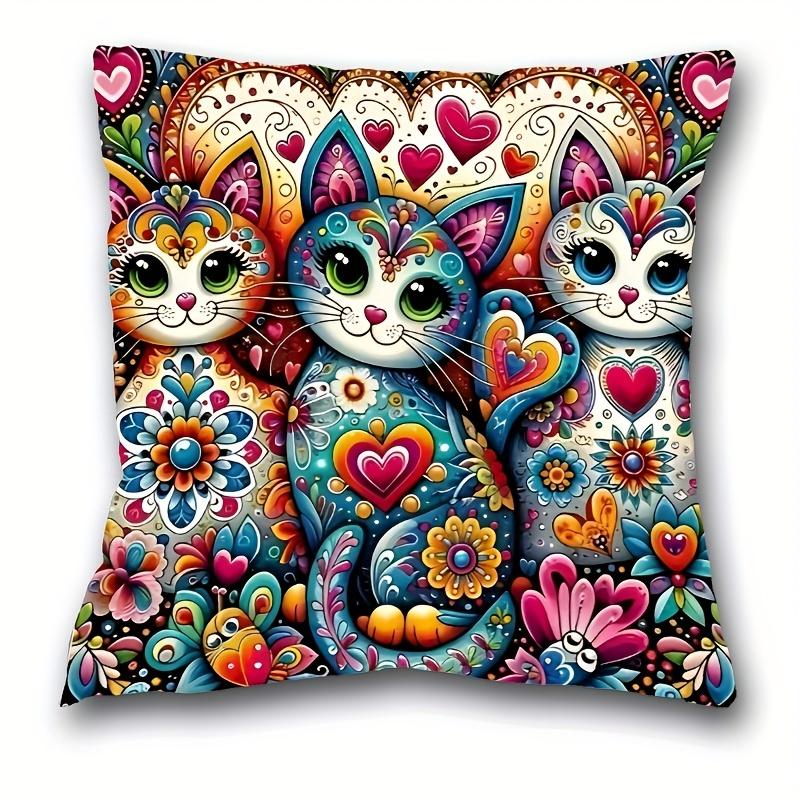 1Pc Boho Vibrant Cat & Floral Print Peach Fuzz Velvet Pillow Cover Soft Plush Texture | Hidden Zipper & Machine Washable