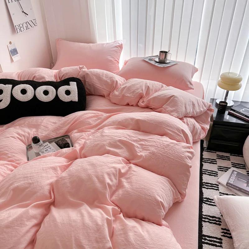 Washed Cotton Bed Linen Bedding Set 3/4 Pieces Bed Sheets Set Solid Color Comforter Cover Couple Queen King Size Bed Quilt Cover