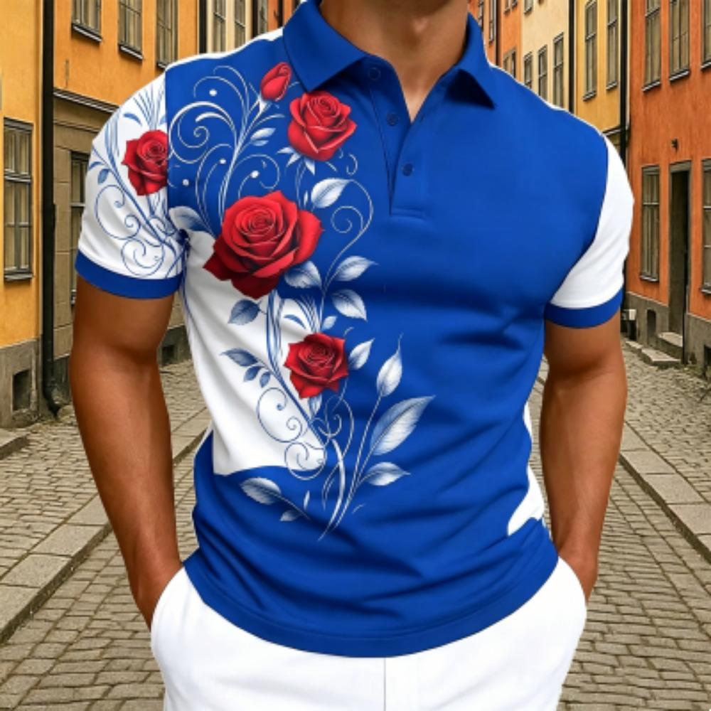 Elegant Rose Floral Print Polo Shirt Men's Outdoor Street Short Sleeve Tees Top Summer Home Casual T-shirt Men's and Women's Polo Shirt