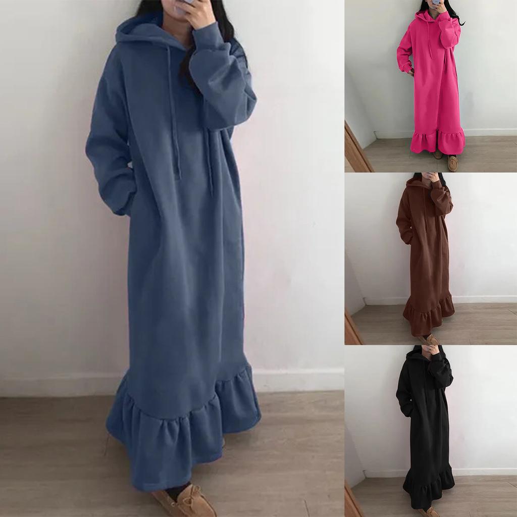Women's Casual Color Long Sleeve Pocket Plush Hooded Dress
