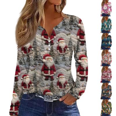 Damenmode Lässiges V-Ausschnitt Knopfleiste Langarm T-Shirt mit Weihnachtsdruck Top